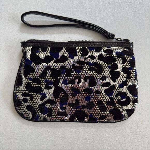 Betsey Johnson Wristlet Zipper Sequins Felt Animal Print Bag Inside Pocket Logo - Picture 2 of 11